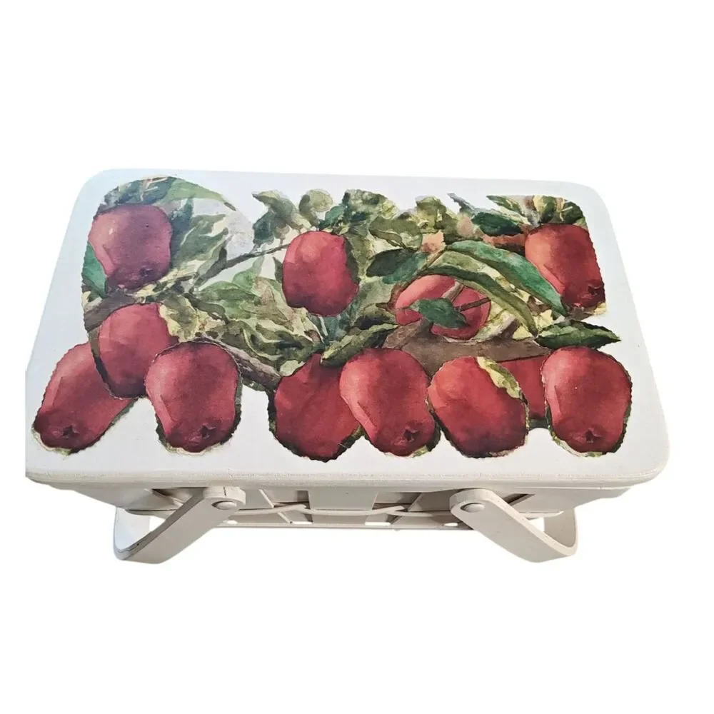 Primitive White Picnic Basket Red Check Inside Apples Rustic Farmhouse Cottage